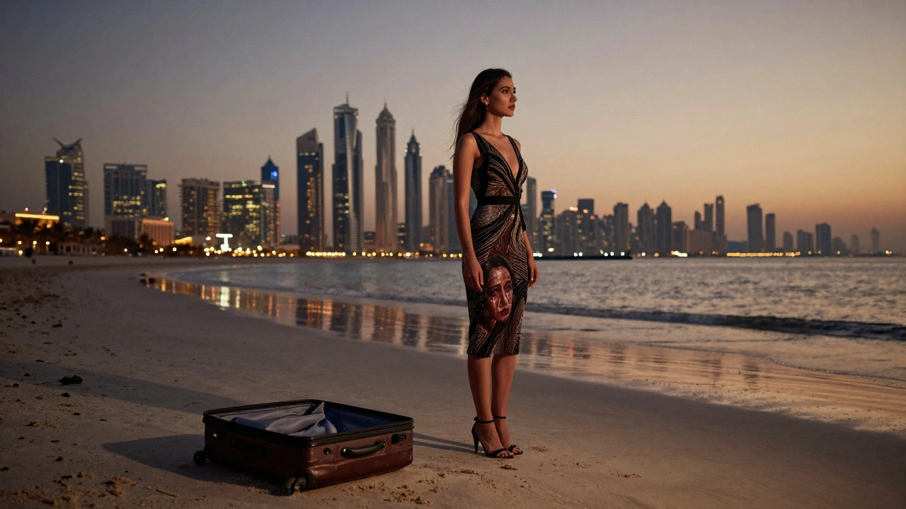 A woman stands alone on a Dubai beach at dusk, skyline glowing behind her, her reflection showing tears.
