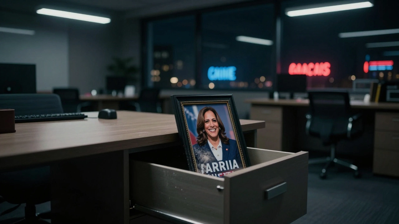 An empty vice presidential office at night, dust settling on a faded photo.